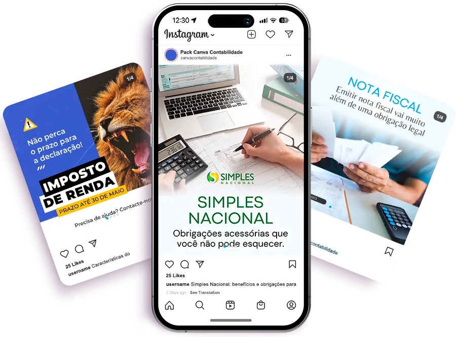 Exemplos de posts do Ultra Pack Canva Contabilidade